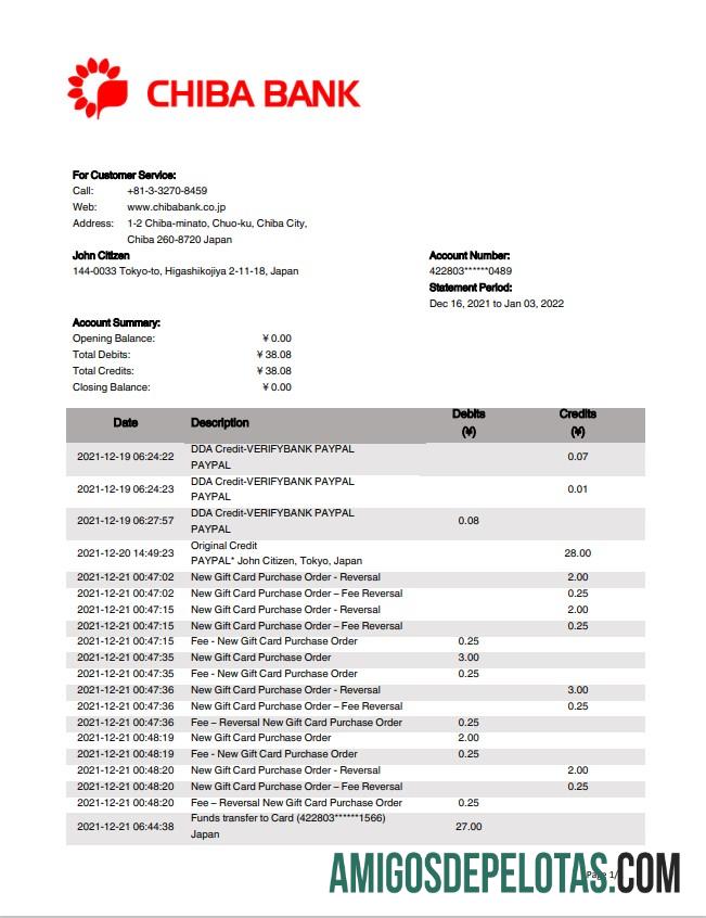 Japan Chiba extrato bancário amostra